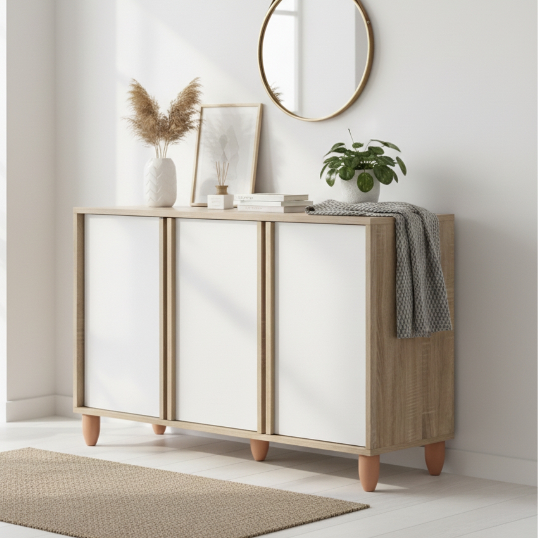 ginee_20260302223710625_4947331855.jpeg OLIVER 3 Door Shoe Cabinet-Oak+White - Image 1